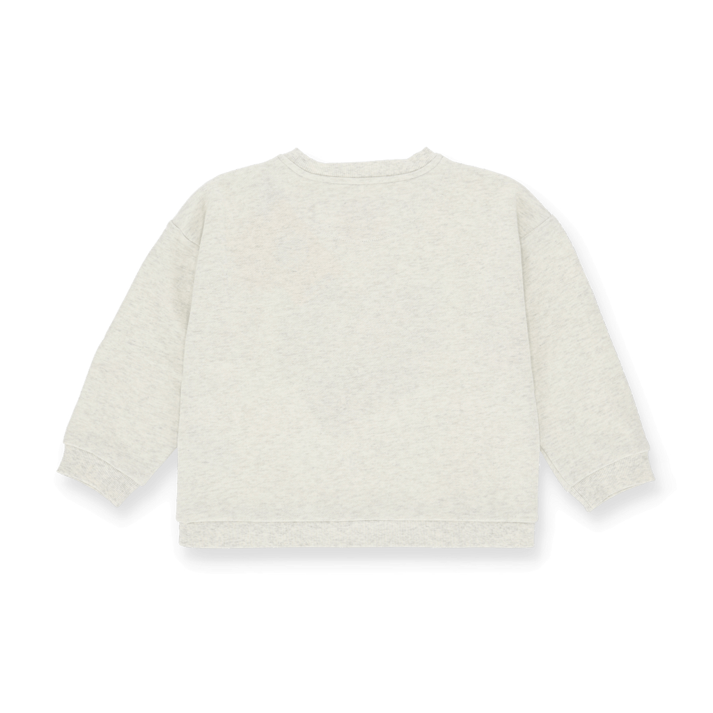 Vista trasera de una sudadera gris de cuello redondo del BVB para bebés y niños pequeños, ideal para los seguidores del Borussia Dortmund.