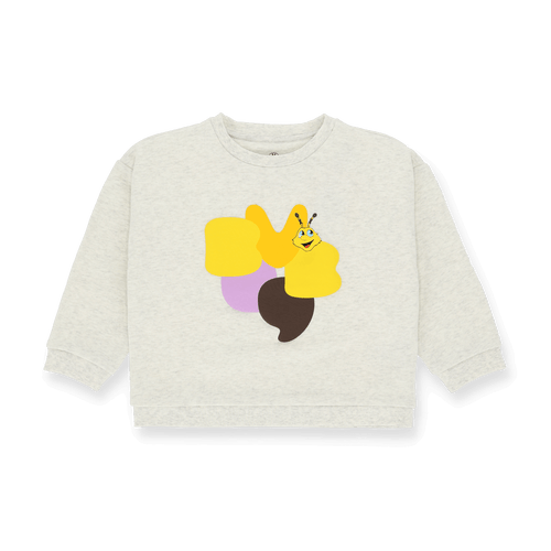 Pull à col rond gris issu de la collection pour enfants du Borussia Dortmund, destiné aux bébés et aux tout-petits, orné du logo EMMA et d'un motif coloré sur le devant.