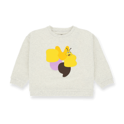 Graues Crewneck aus der Borussia Dortmund Kinderkollektion für Babys und Kleinkinder mit EMMA-Logo und farbigem Design auf der Vorderseite.