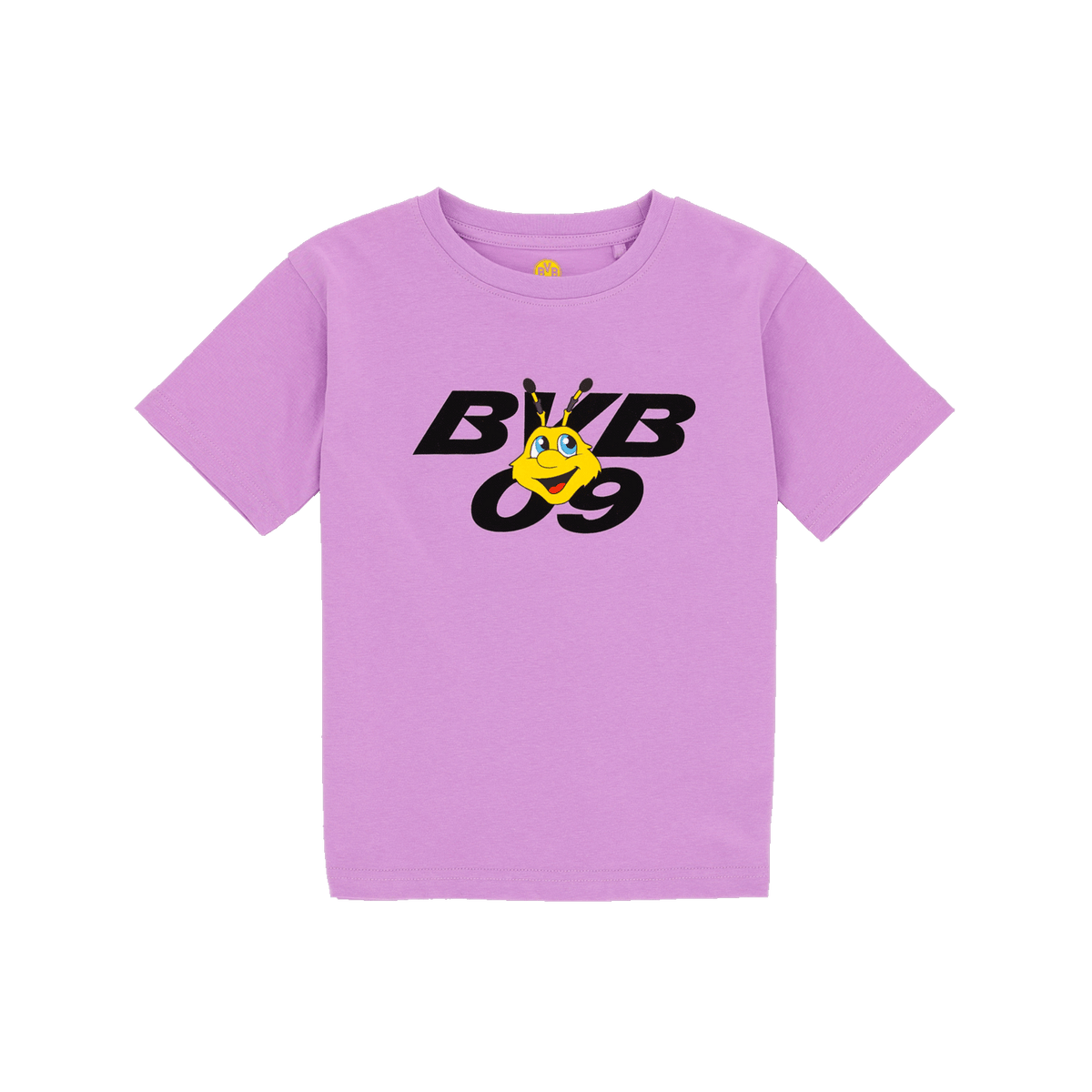 Lila BVB-Kinder-T-Shirt mit BVB 09-Logo und Emma-Motiv auf der Brust, ideal für junge Borussia Dortmund-Fans.