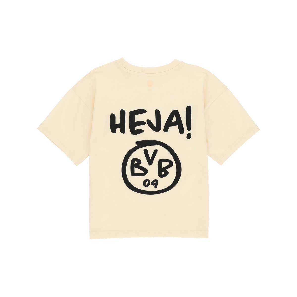Rückansicht eines hellen BVB-Kinder T-Shirts mit schwarzem Aufdruck 'HEJA!' und BVB 09 Logo. Ideal für junge Borussia Dortmund Fans.
