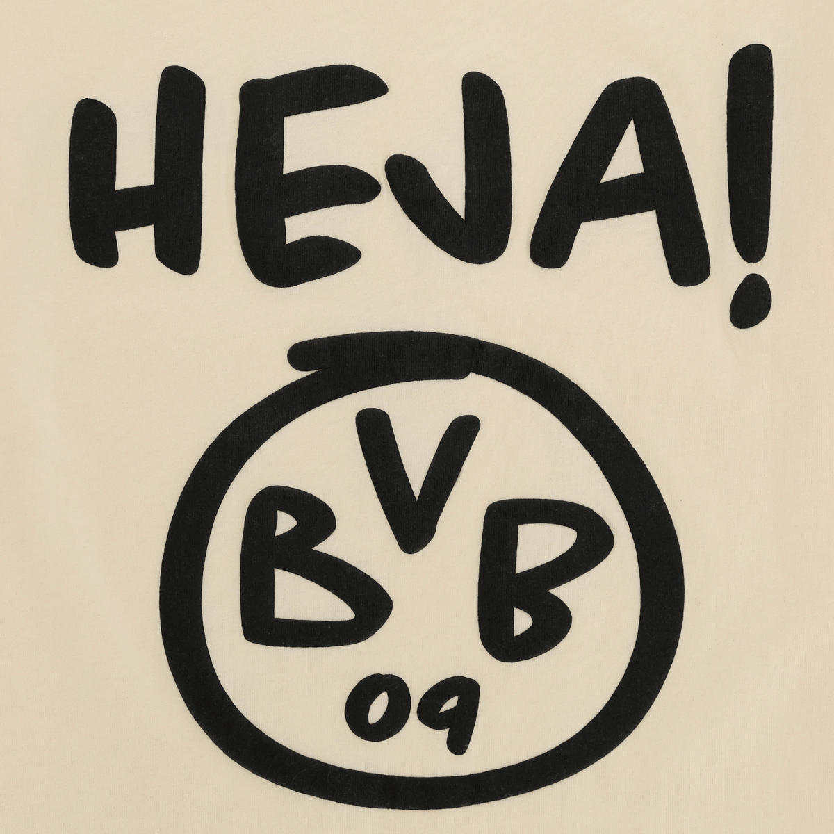 T-shirt BVB beige clair pour enfants, avec l'inscription « HEJA ! » en noir et le logo du BVB sur le devant, produit officiel du Borussia Dortmund.