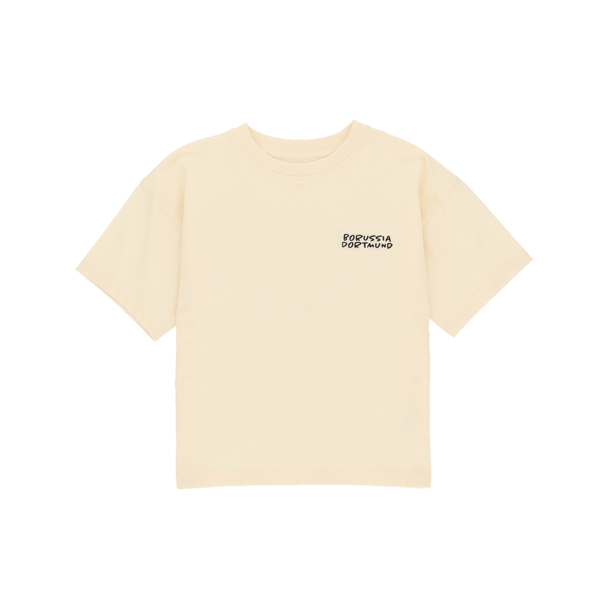 Cremefarbenes BVB-T-Shirt für Kinder mit schwarz gedrucktem ‚Borussia Dortmund‘ Schriftzug auf der Brust, kurzärmelig.