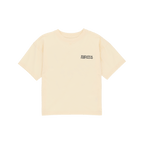 T-shirt BVB couleur crème pour enfants, avec l'inscription « Borussia Dortmund » imprimée en noir sur la poitrine, à manches courtes.