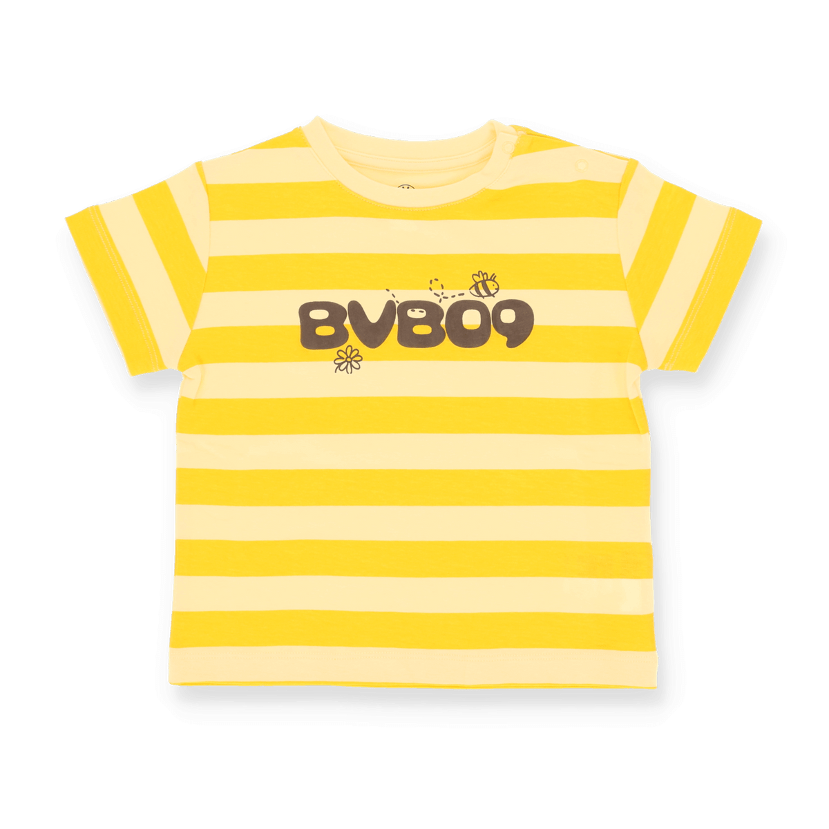 BVB09のデザインと、かわいいミツバチのディテールが施された、赤ちゃん・幼児用の黄色と黒のストライプ柄BVB Tシャツ。