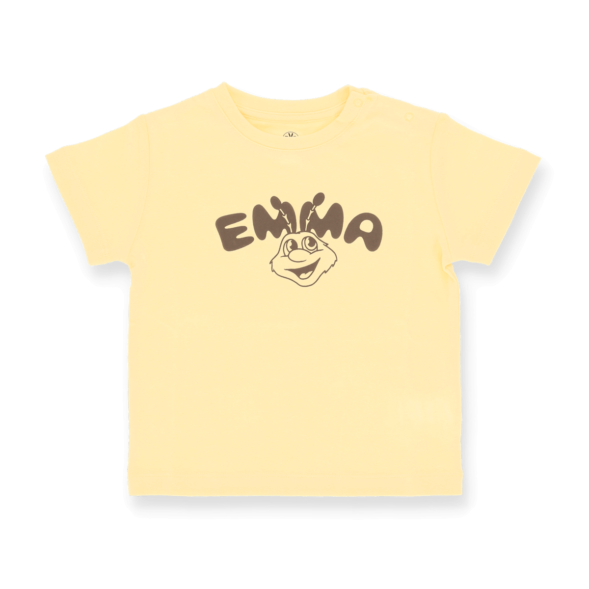 Gelbes BVB Baby-T-Shirt mit EMMA-Maskottchen und BVB-Design, geeignet für Kleinkinder.