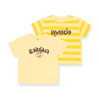 Zwei gelbe BVB-Kleinkinder-T-Shirts: eines gestreift mit BVB09-Logo, das andere mit Emma-Motiv in schwarzgelb.
