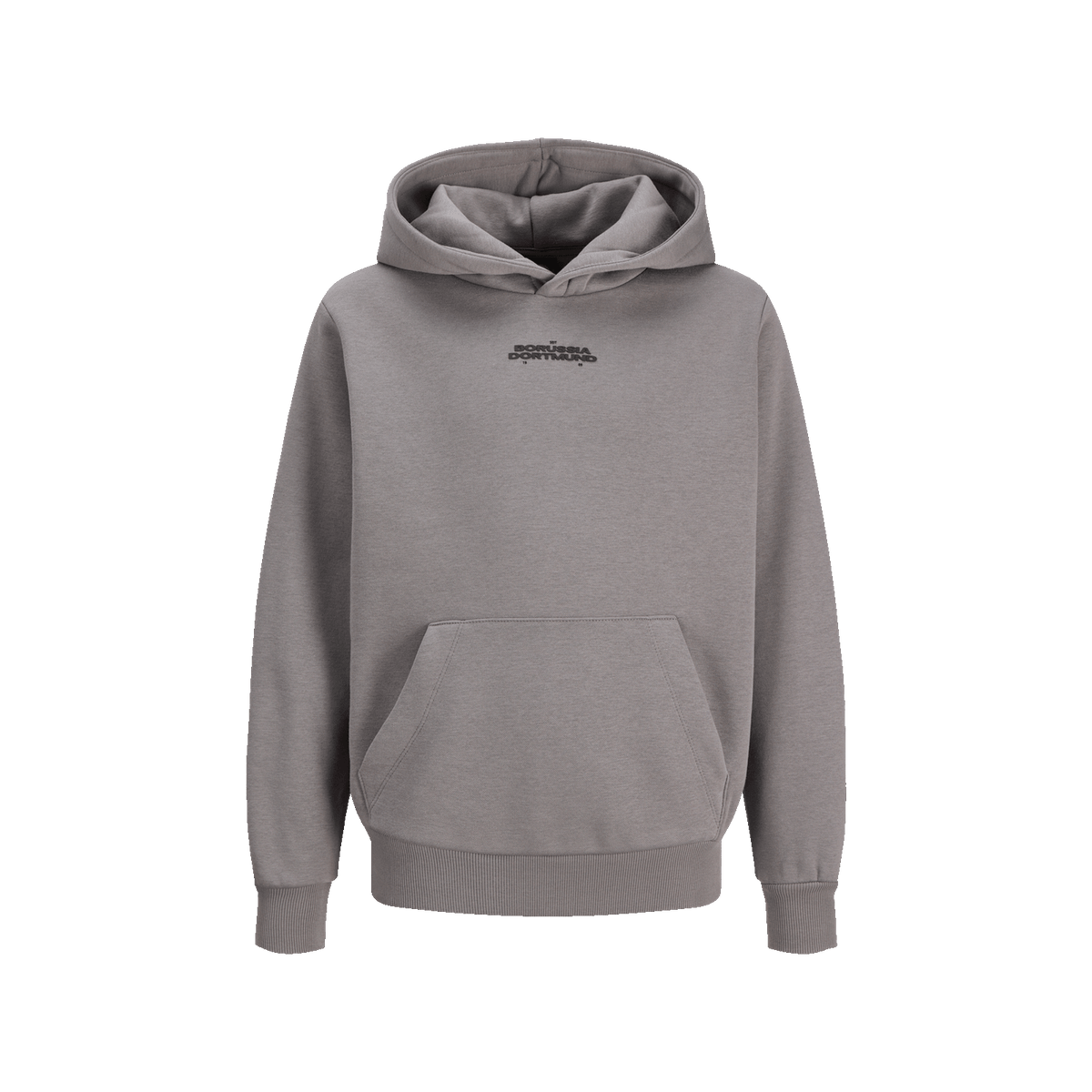 Sudadera con capucha gris para niños con el logotipo del BVB en la parte delantera, perfecta para los jóvenes aficionados del Borussia Dortmund.