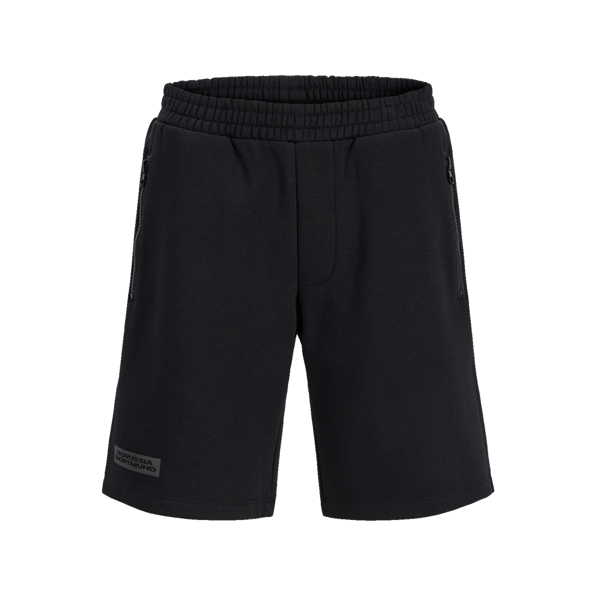 Schwarze BVB Essential Shorts für Kinder mit elastischem Bund und praktischen Taschen, ideal für Sport und Freizeit.