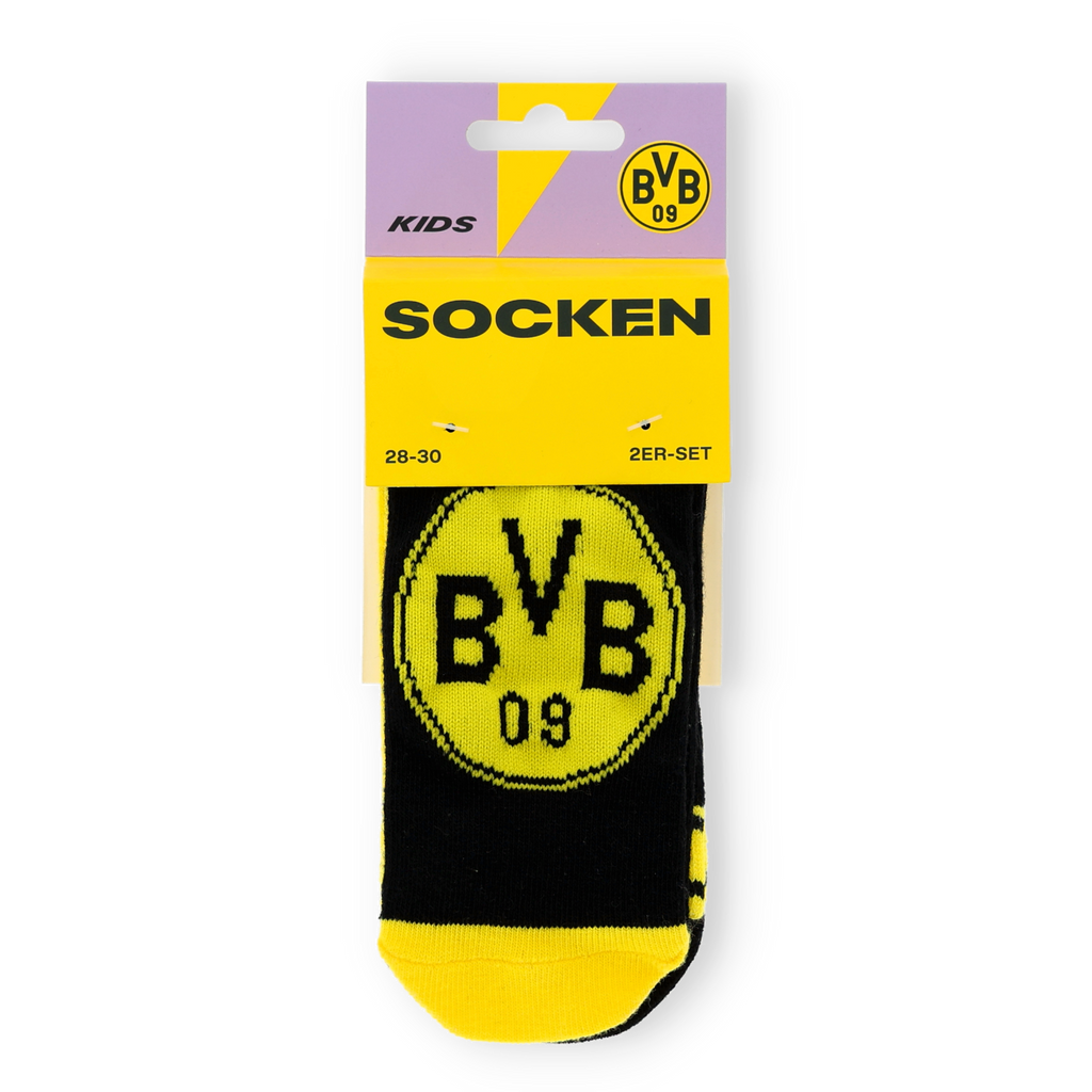 Set di calzini del BVB per bambini nei colori nero e giallo, set da 2 paia con il logo del BVB sul davanti, taglia 28-30.