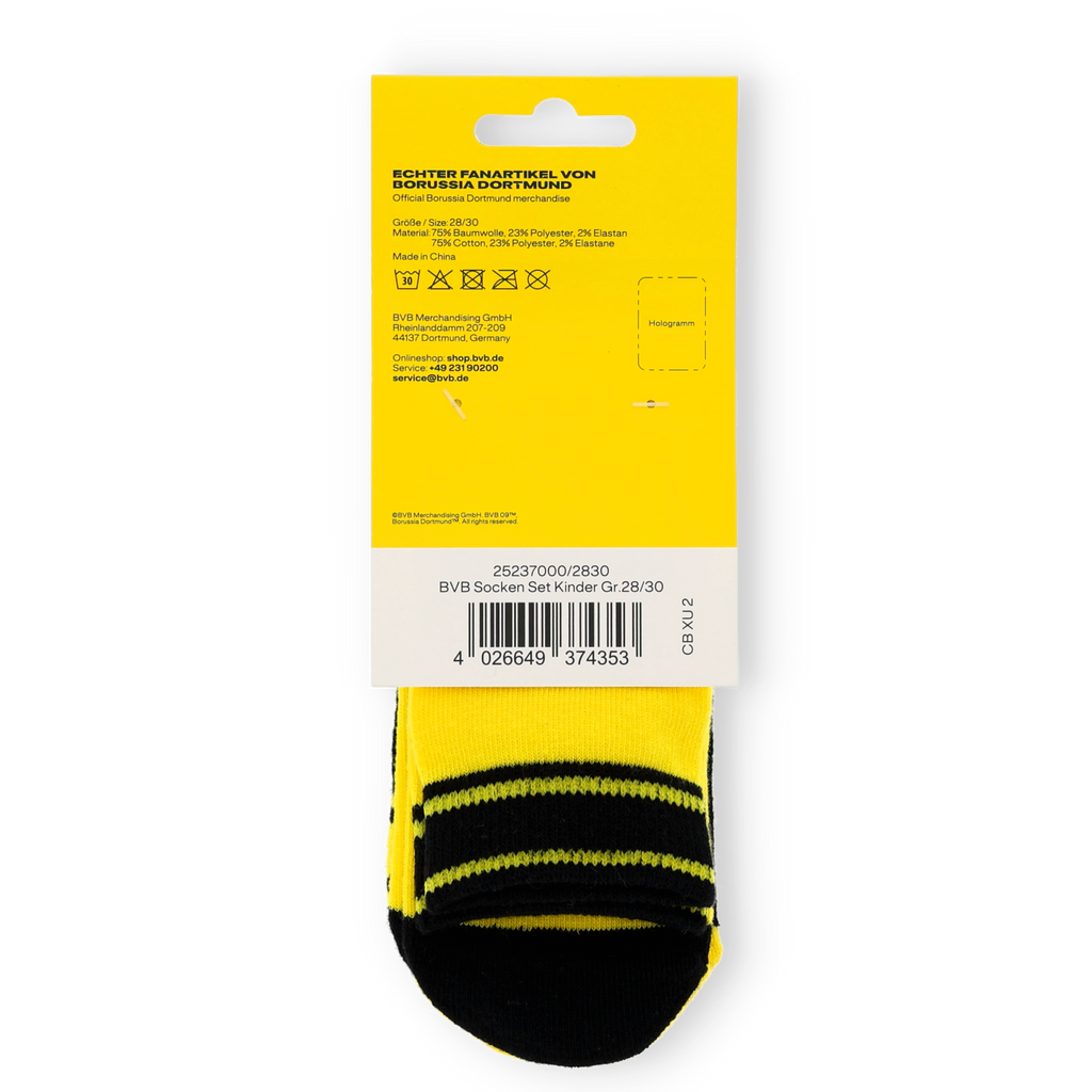 Set di calzini del BVB per bambini nei colori nero e giallo con motivo a righe, taglia 28/30, nella confezione originale. Articolo ufficiale per i tifosi del Borussia Dortmund.