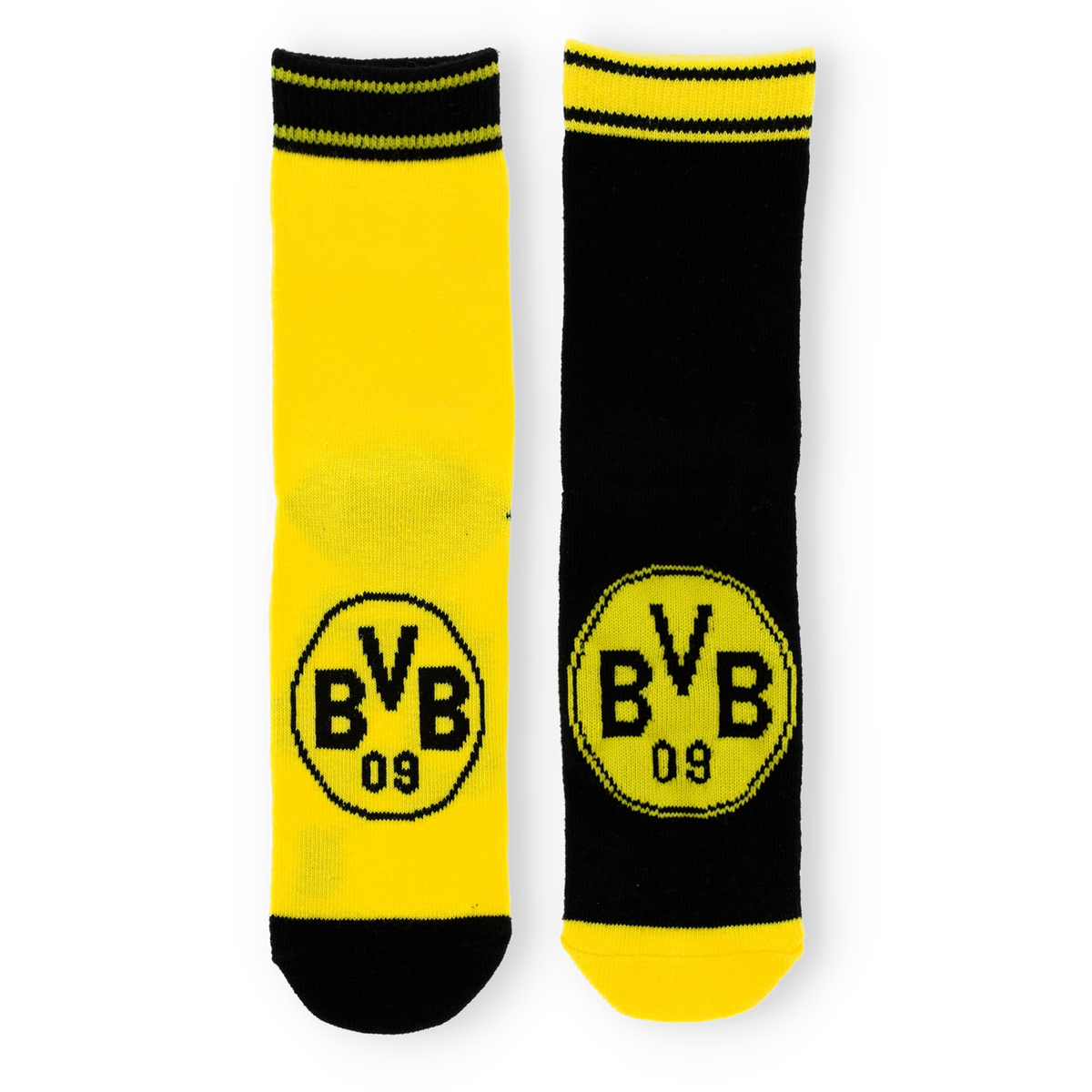 Set di calzini per bambini del Borussia Dortmund nei colori nero e giallo con il logo del BVB, composto da un calzino nero e uno giallo.