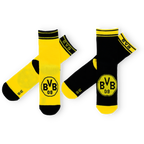 一套两双黑色和黄色相间的多特蒙德（BVB）儿童袜，印有醒目的BVB标志，适合多特蒙德队的年轻球迷。