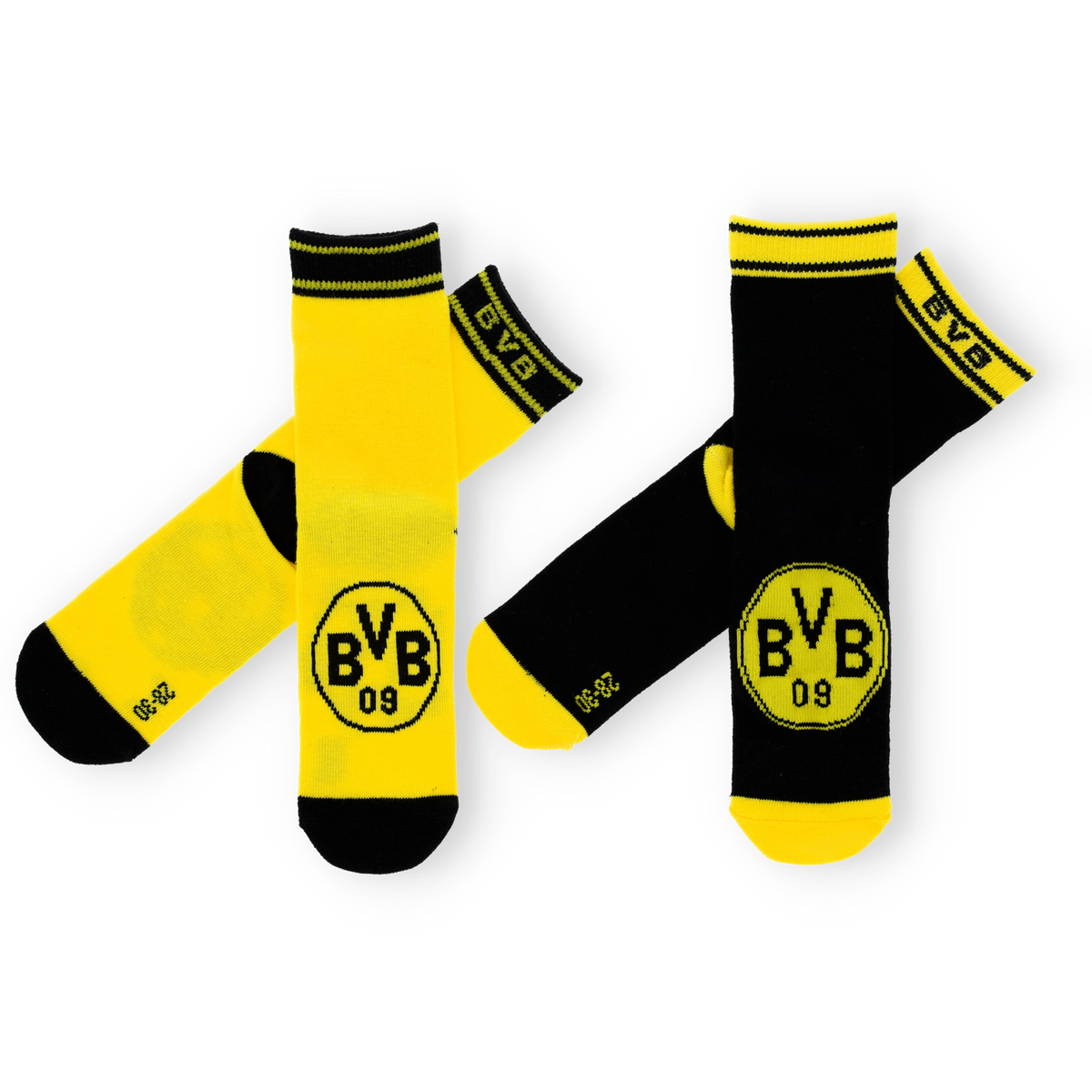 Set aus zwei Paar BVB-Kindersocken in schwarzgelb mit großem BVB-Logo, geeignet für junge Fans von Borussia Dortmund.