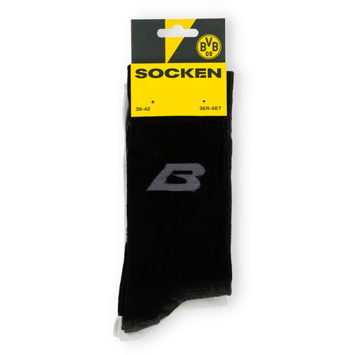 Un lote de 3 pares de calcetines del BVB en color negro con etiqueta amarilla, el logotipo del BVB y la indicación de tallas 39-42. Perfectos para los aficionados del Borussia Dortmund.