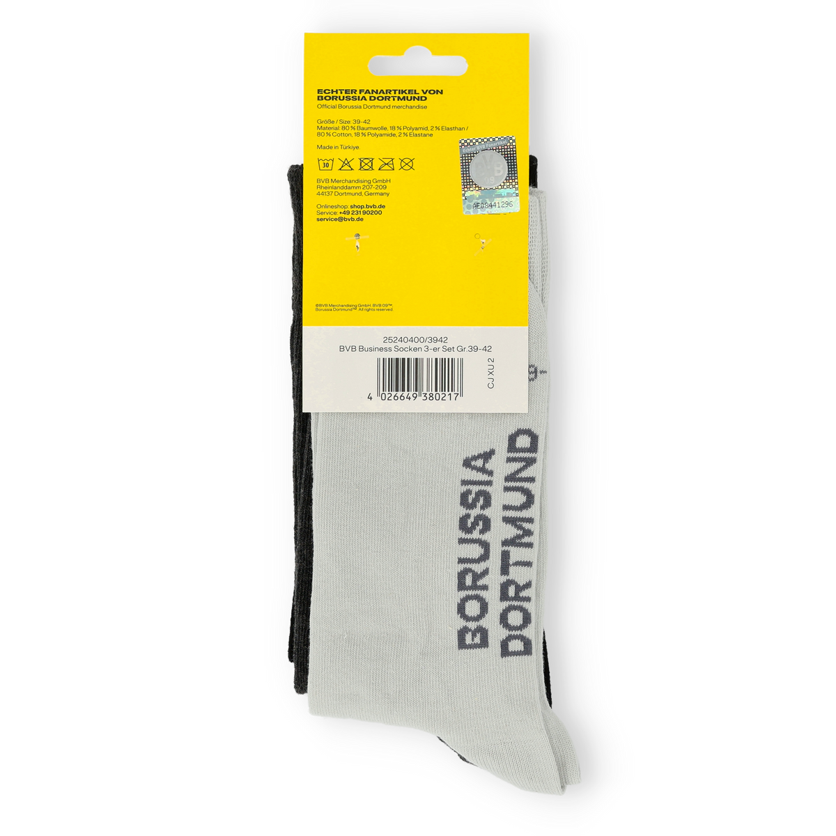 Lot de 3 paires de chaussettes BVB Business pour les supporters du Borussia Dortmund, en noir et jaune avec le logo du club, pointures 39 à 42, emballées et idéales pour le bureau et les loisirs.