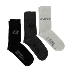 Set of 3 BVB Business Socks in black, gray, and white, each featuring the BVB logo or "Borussia Dortmund" lettering—perfect for fans.