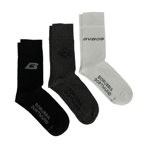 Lote de 3 pares de calcetines BVB Business en colores negro, gris y blanco, cada uno con el logotipo del BVB o la inscripción «Borussia Dortmund», ideales para los aficionados.