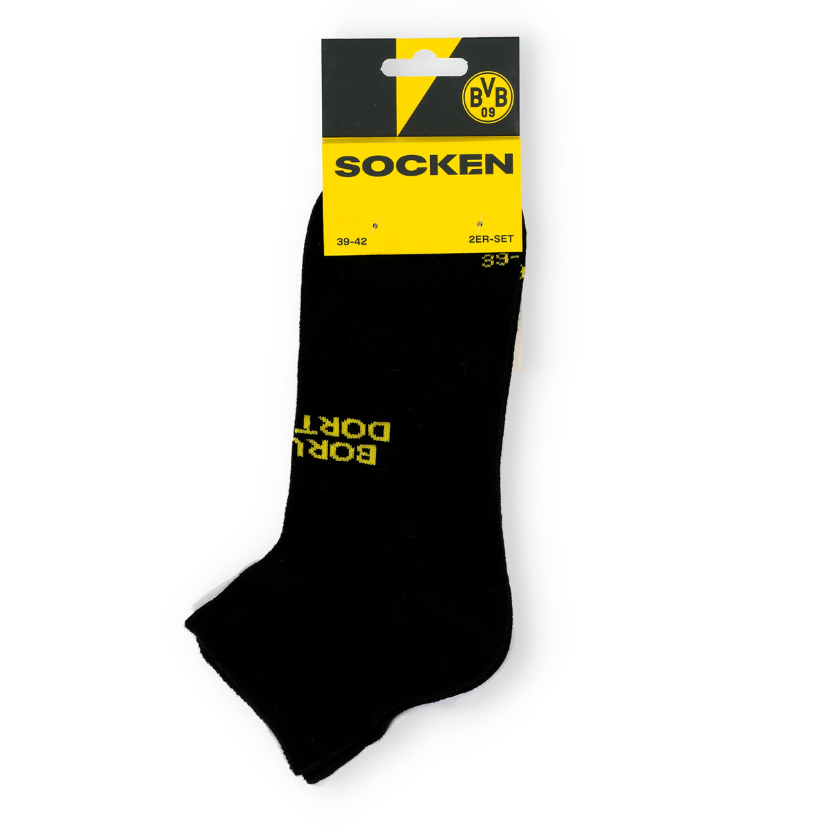 Ein Paar schwarzgelbe BVB-Sneaker-Socken im 2er-Set, verziert mit dem Vereinslogo und dem Borussia Dortmund-Schriftzug.