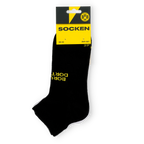Une paire de chaussettes de sport BVB noires et jaunes, vendues par lot de 2, ornées du logo du club et de l'inscription « Borussia Dortmund ».