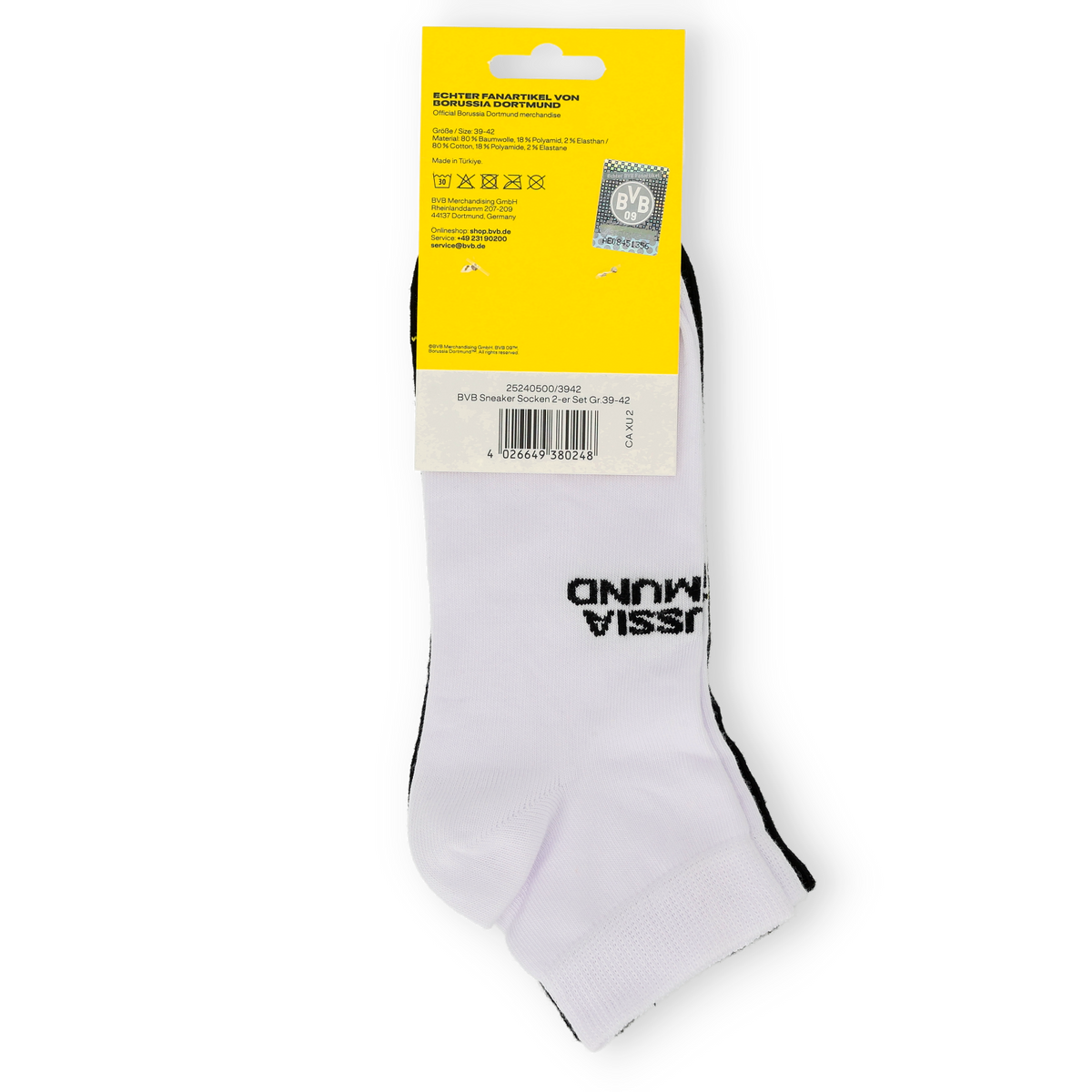 Lot de 2 paires de chaussettes blanches de type « sneakers » ornées du logo et du nom du Borussia Dortmund, idéales pour les supporters du BVB.