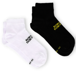 Calzini da sneaker del BVB in confezione da 2 paia nei colori nero e bianco, ogni paio con il logo del BVB e la scritta "Borussia Dortmund", ideali per i tifosi.