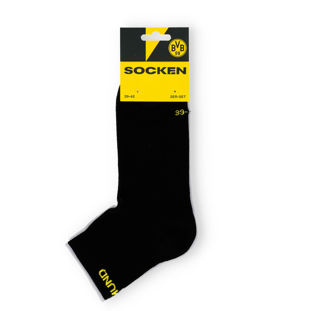 BVBの「クォーターソックス」。ブラック＆イエローのデザインで、便利な2足セット。BVBのロゴと黄色の文字が入っており、ファンに最適です。