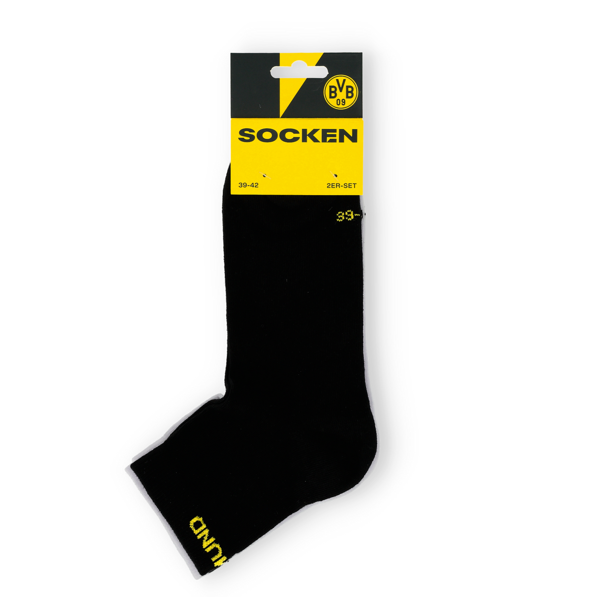 BVBの「クォーターソックス」。ブラック＆イエローのデザインで、便利な2足セット。BVBのロゴと黄色の文字が入っており、ファンに最適です。