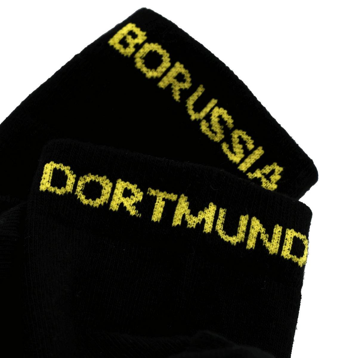 BVBクォーターソックス（2足セット、ブラック）のクローズアップ写真。「Borussia Dortmund」の黄色い文字が入っており、ボルシア・ドルトムントのファンに最適です。