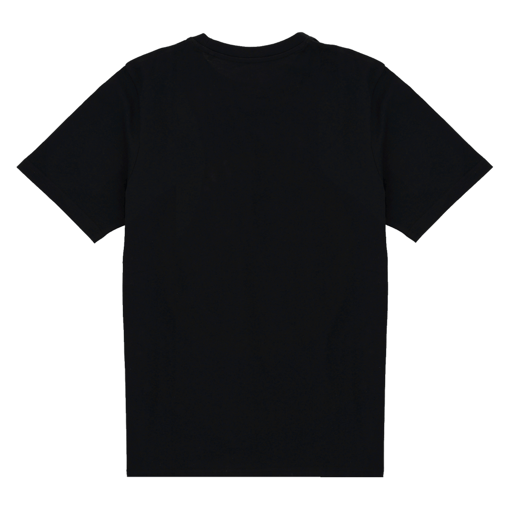 A simple black T-shirt, viewed from the back, with short sleeves and a minimalist design.