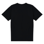 A simple black T-shirt, viewed from the back, with short sleeves and a minimalist design.