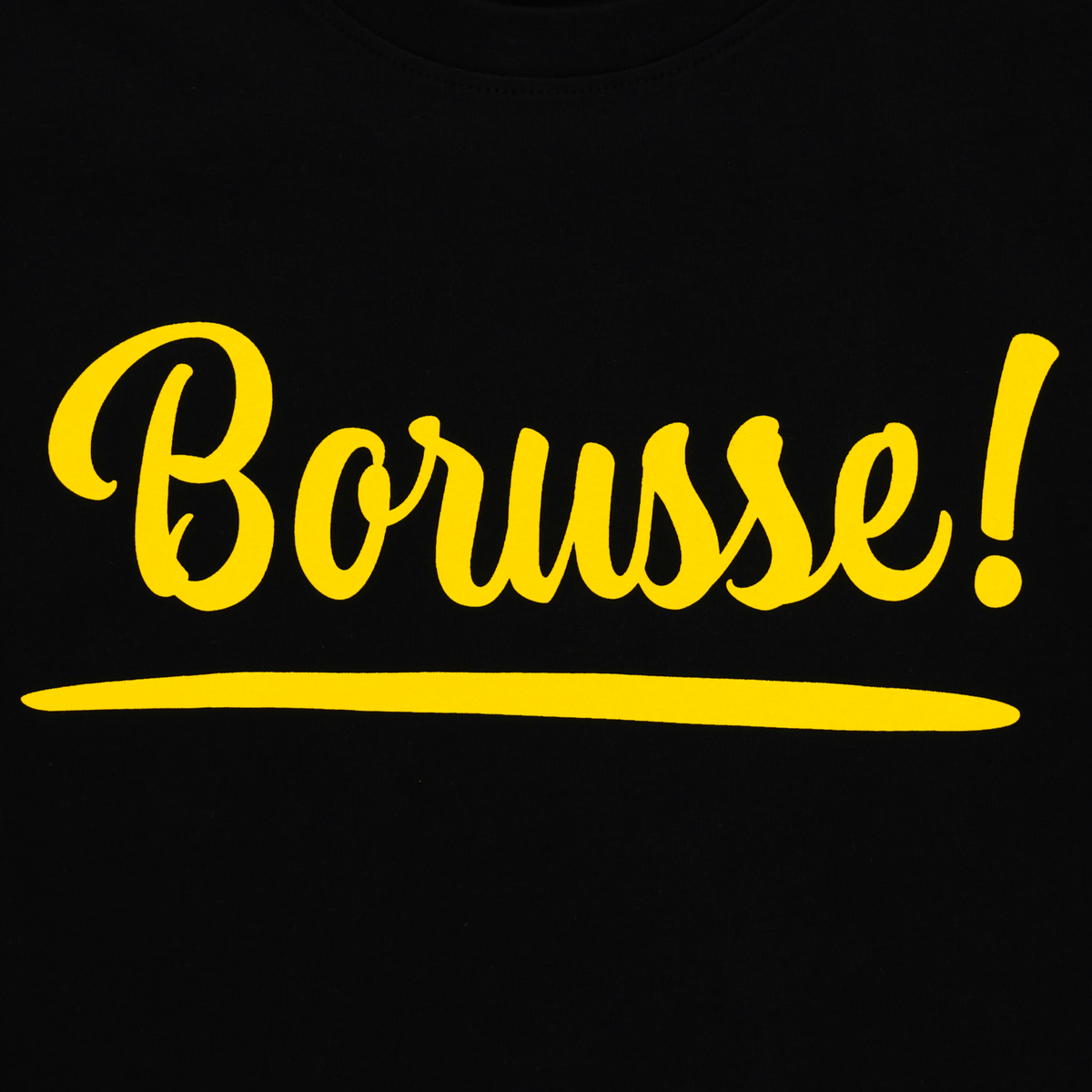Close-up of a black Borussia Dortmund fan item featuring yellow "Borusse!" lettering.