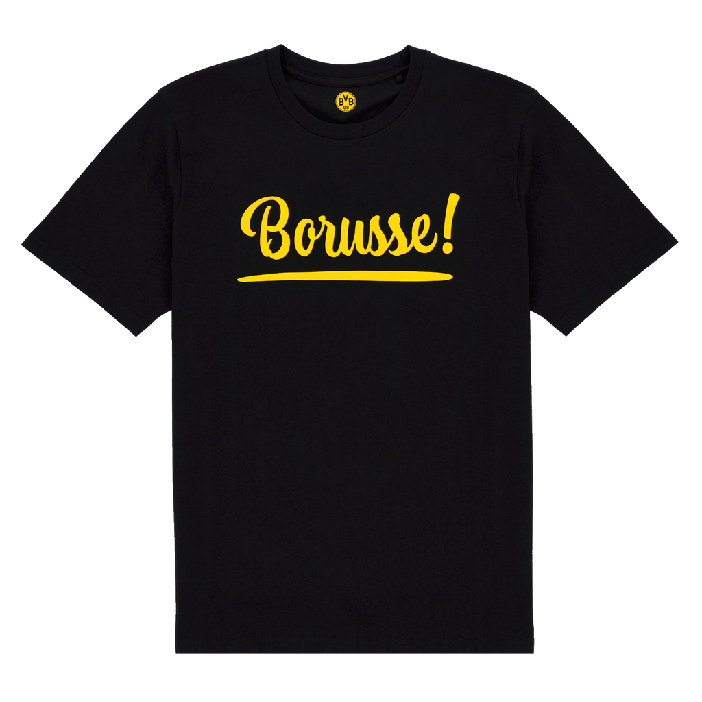 Black BVB T-shirt with yellow "Borusse!" lettering, perfect for Borussia Dortmund fans.