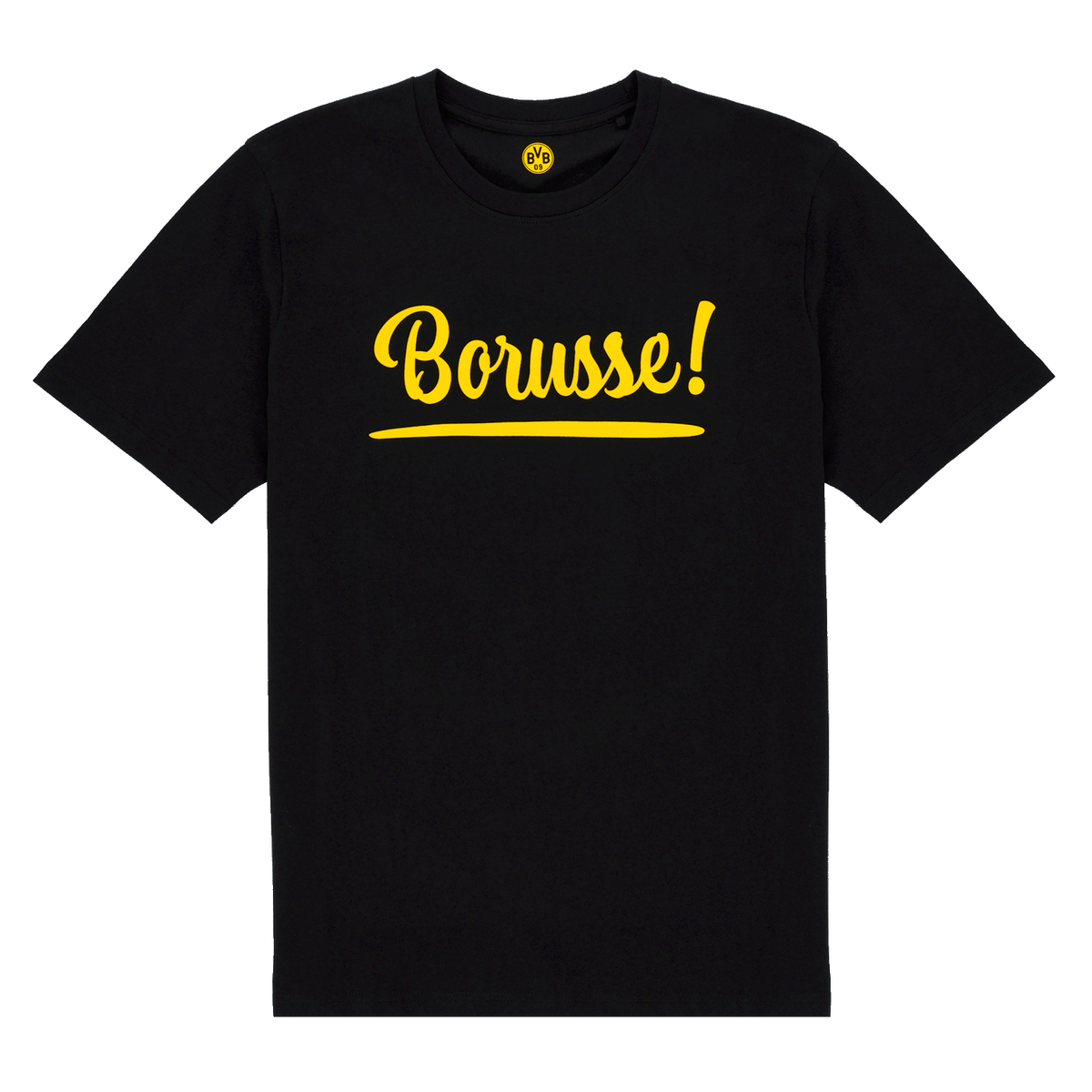 黒いBVBのTシャツで、黄色い「Borusse!」の文字が入っており、ボルシア・ドルトムントのファンに最適です。