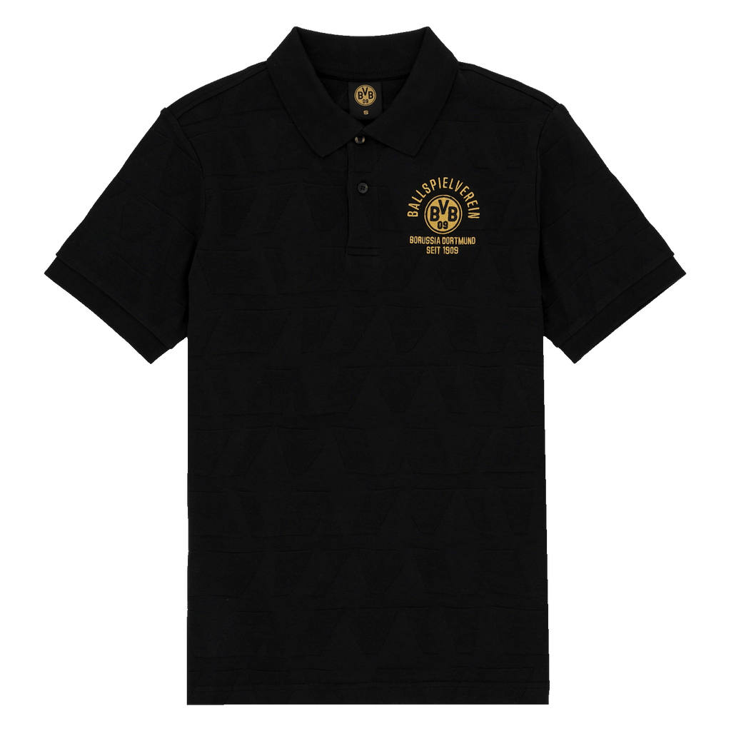 Black BVB polo shirt with a gold-colored BVB emblem and lettering on the left chest, part of the BVB merchandise collection.