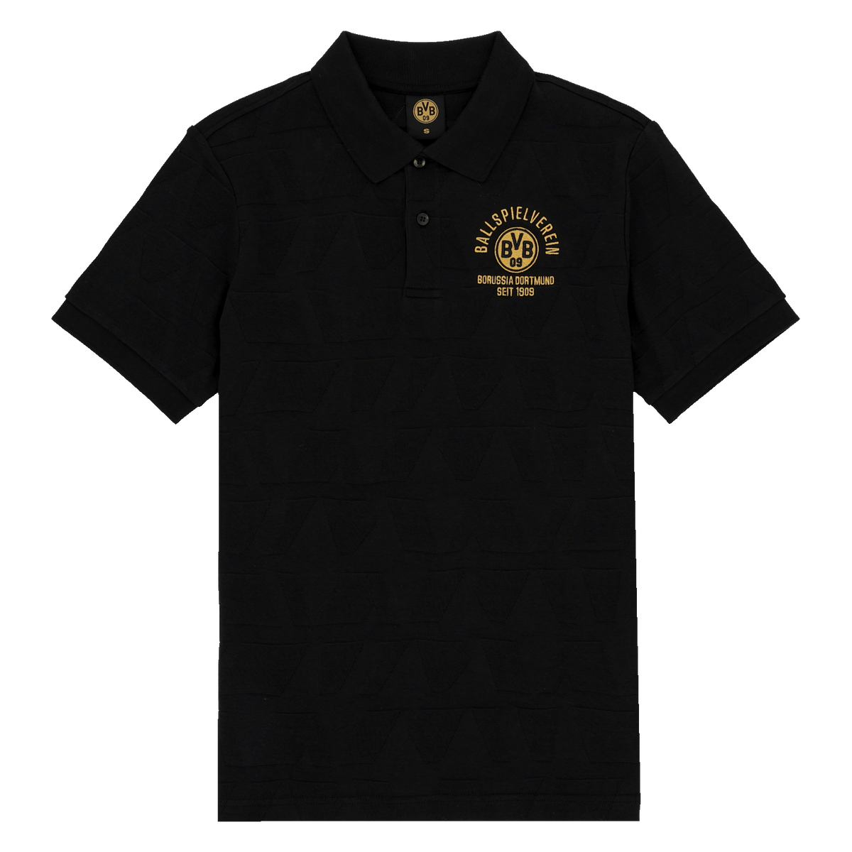 Schwarzes BVB Poloshirt mit goldfarbenem BVB-Emblem und Schriftzug auf der linken Brust, Teil der BVB Merchandise Kollektion.