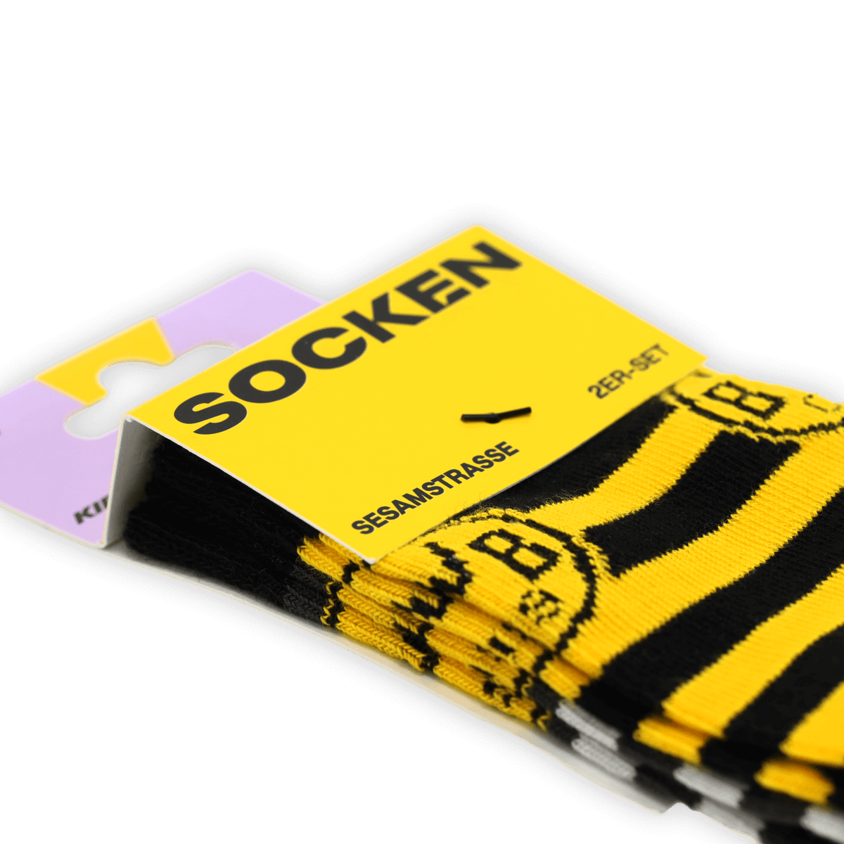 Juego de calcetines infantiles del BVB con motivos de Barrio Sésamo, en negro y amarillo, con rayas y el logotipo del BVB, ideal para los pequeños aficionados.