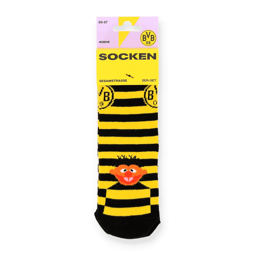 Calcetines infantiles negros y amarillos con diseño a rayas y el personaje de Ernie de Barrio Sésamo, en un pack de 2; producto oficial del BVB.
