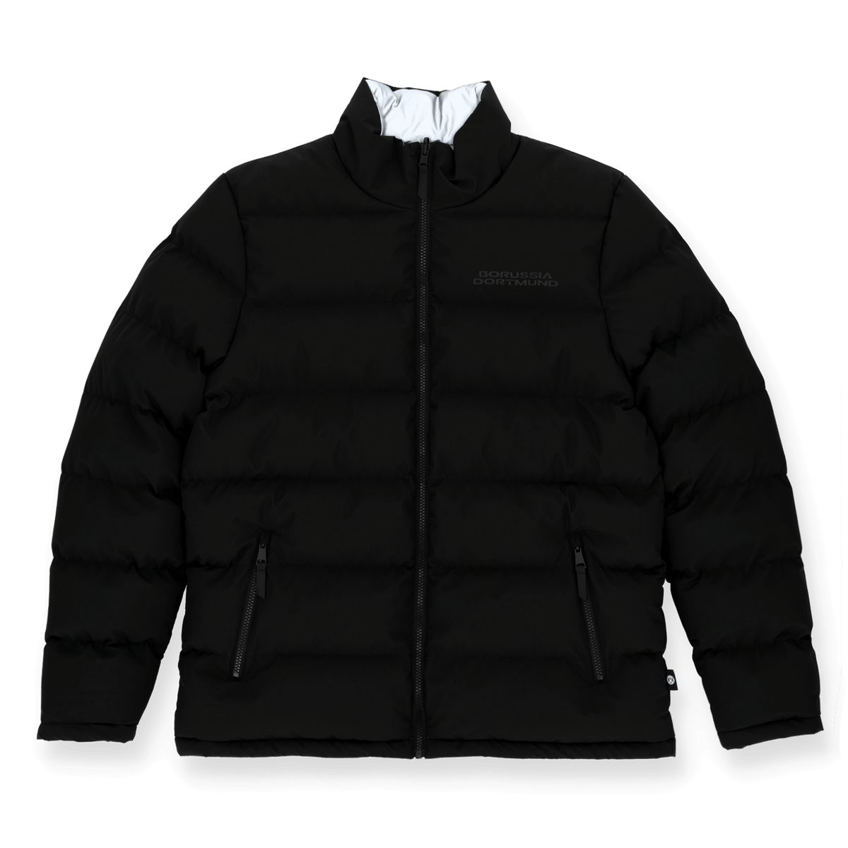 Schwarze BVB-Wendejacke mit reflektierendem Design, praktischen Taschen und Borussia Dortmund-Branding für Fans.