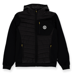Veste de stade noire du BVB 2025, dotée de fermetures éclair jaunes et d'un logo BVB 09 bien visible sur la poitrine, parfaite pour les supporters et adaptée à diverses occasions.