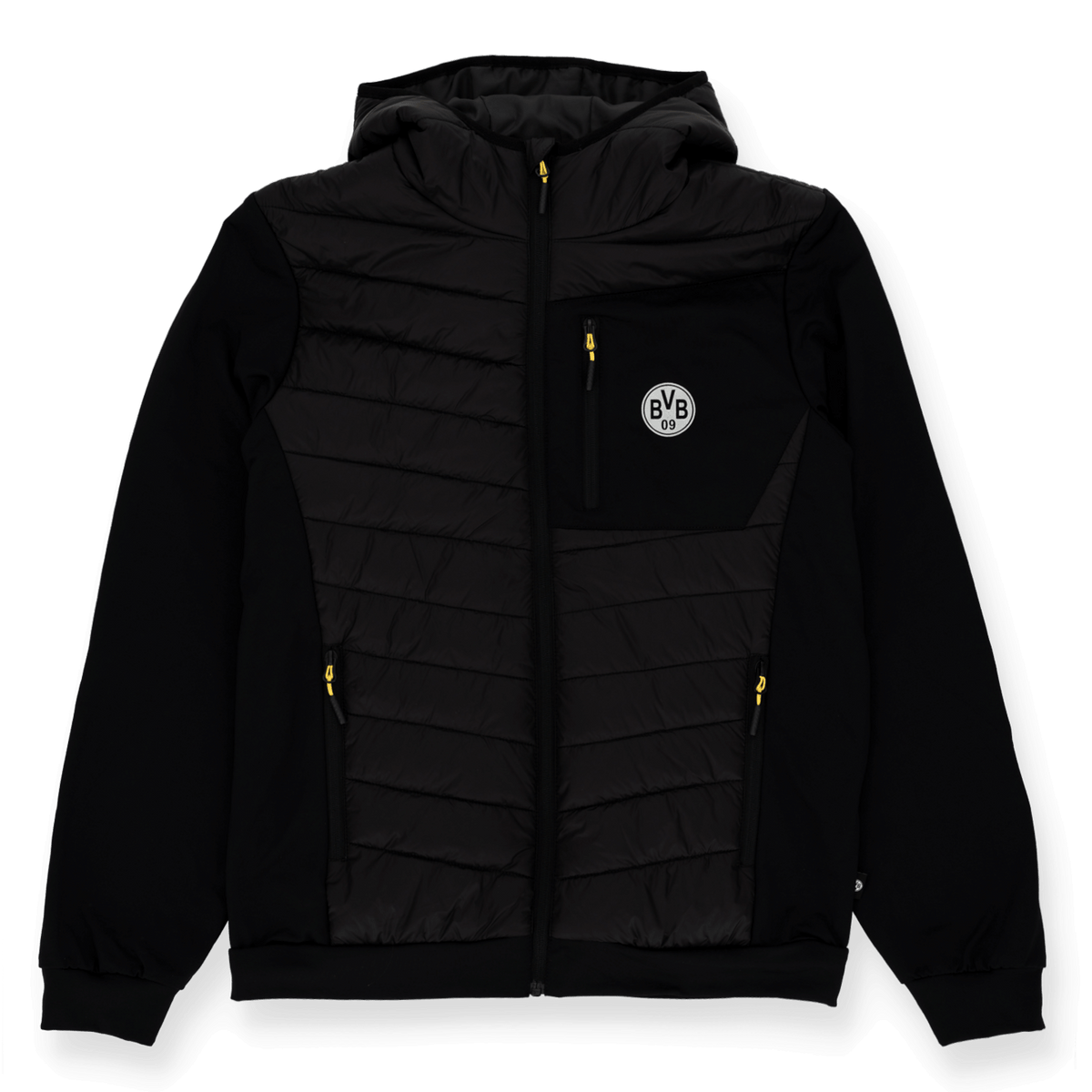 Veste de stade noire du BVB 2025, dotée de fermetures éclair jaunes et d'un logo BVB 09 bien visible sur la poitrine, parfaite pour les supporters et adaptée à diverses occasions.