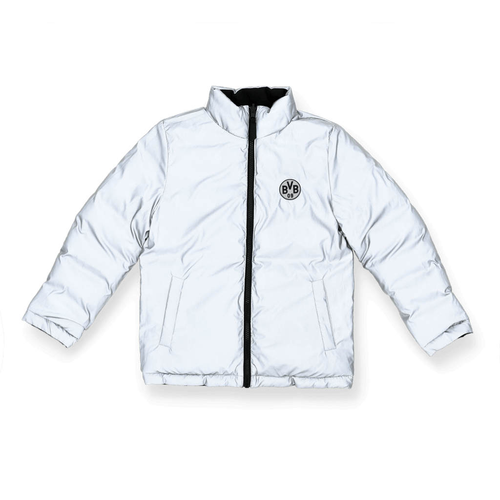 Reflective BVB reversible jacket for kids in white with a black zipper and the BVB 09 logo on the front. Warm and stylish, perfect for fans.