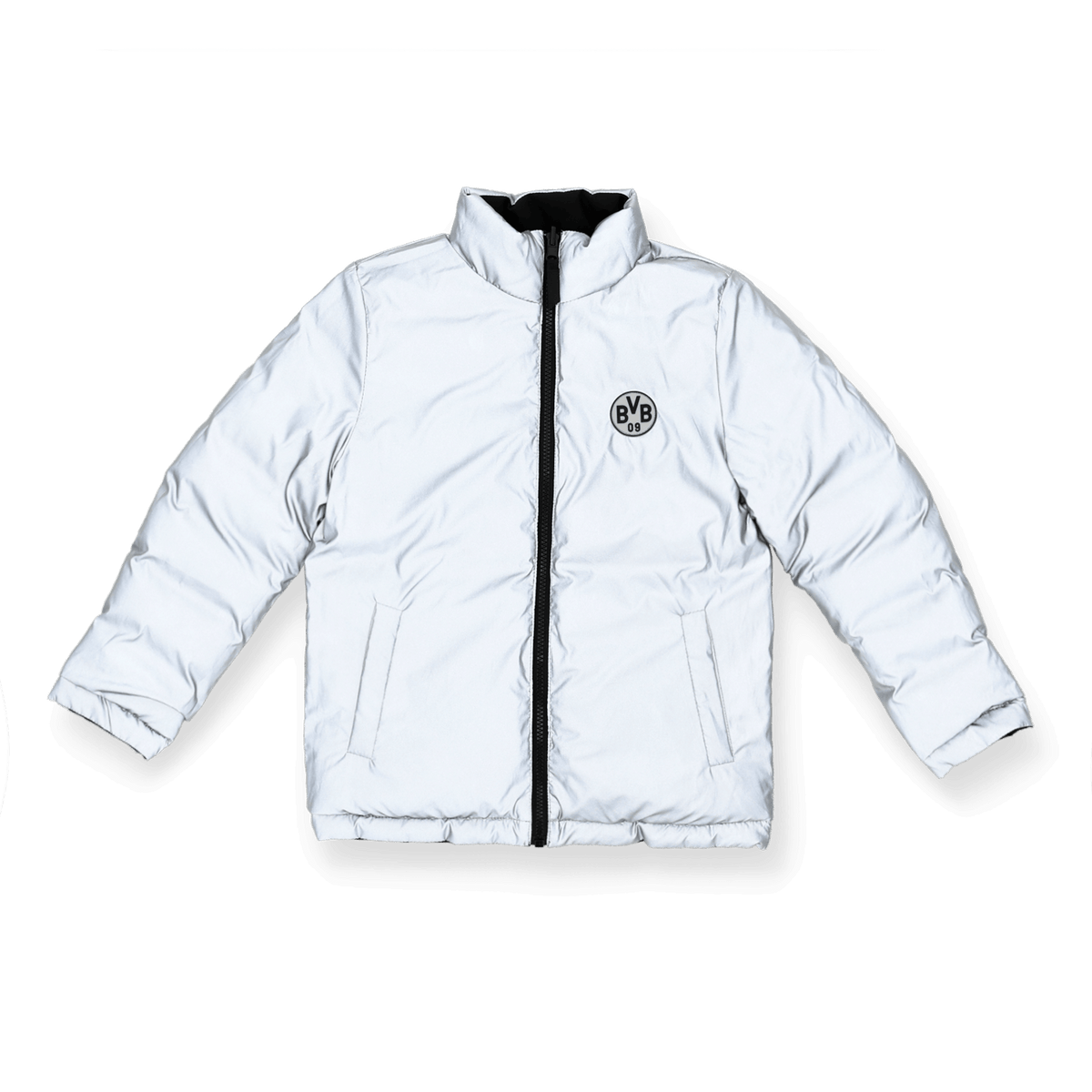 Reflective BVB reversible jacket for kids in white with a black zipper and the BVB 09 logo on the front. Warm and stylish, perfect for fans.