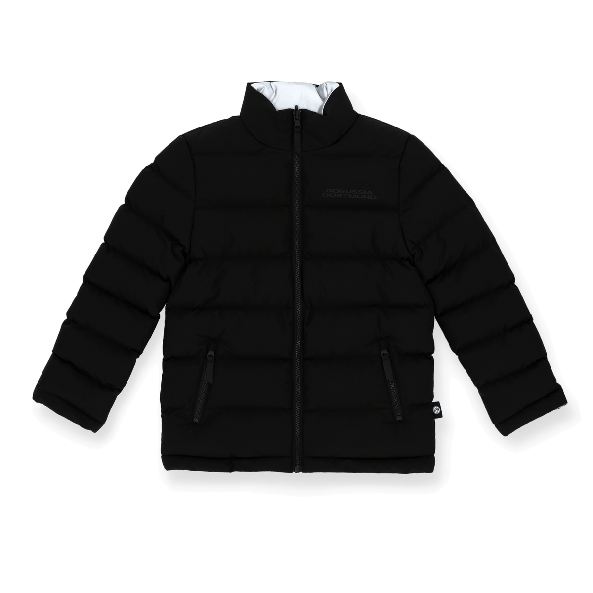 Schwarze BVB Wendejacke für Kinder mit reflektierendem Design und dezentem Borussia Dortmund-Logo auf der Vorderseite.