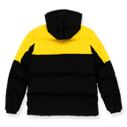 Vista posteriore di una giacca invernale del BVB nei colori nero e giallo, con un caratteristico design della squadra e un cappuccio, ideale per le giornate fredde.