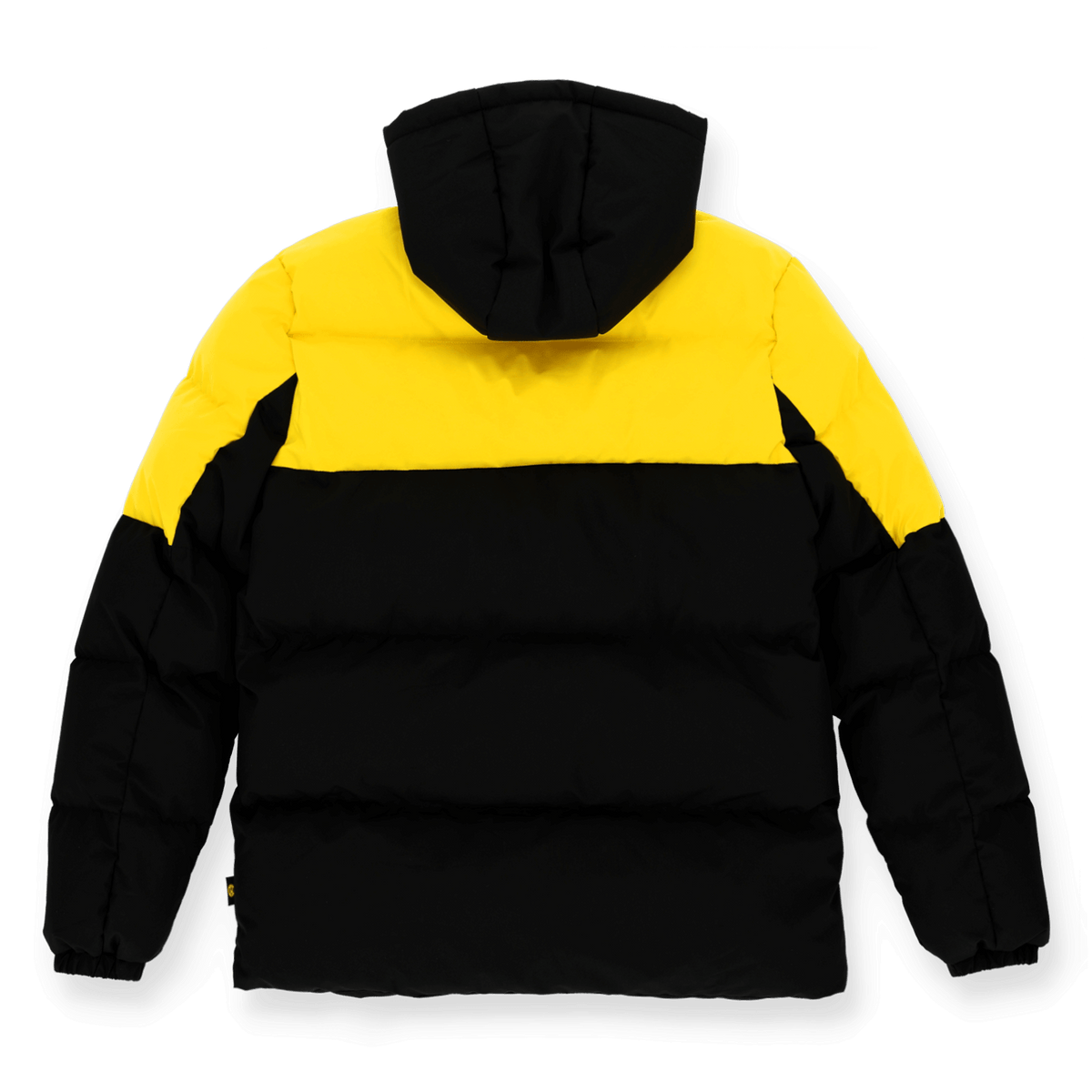 Vue arrière d'une veste d'hiver du BVB noir et jaune, dotée d'un motif distinctif du club et d'une capuche, idéale pour les journées froides.