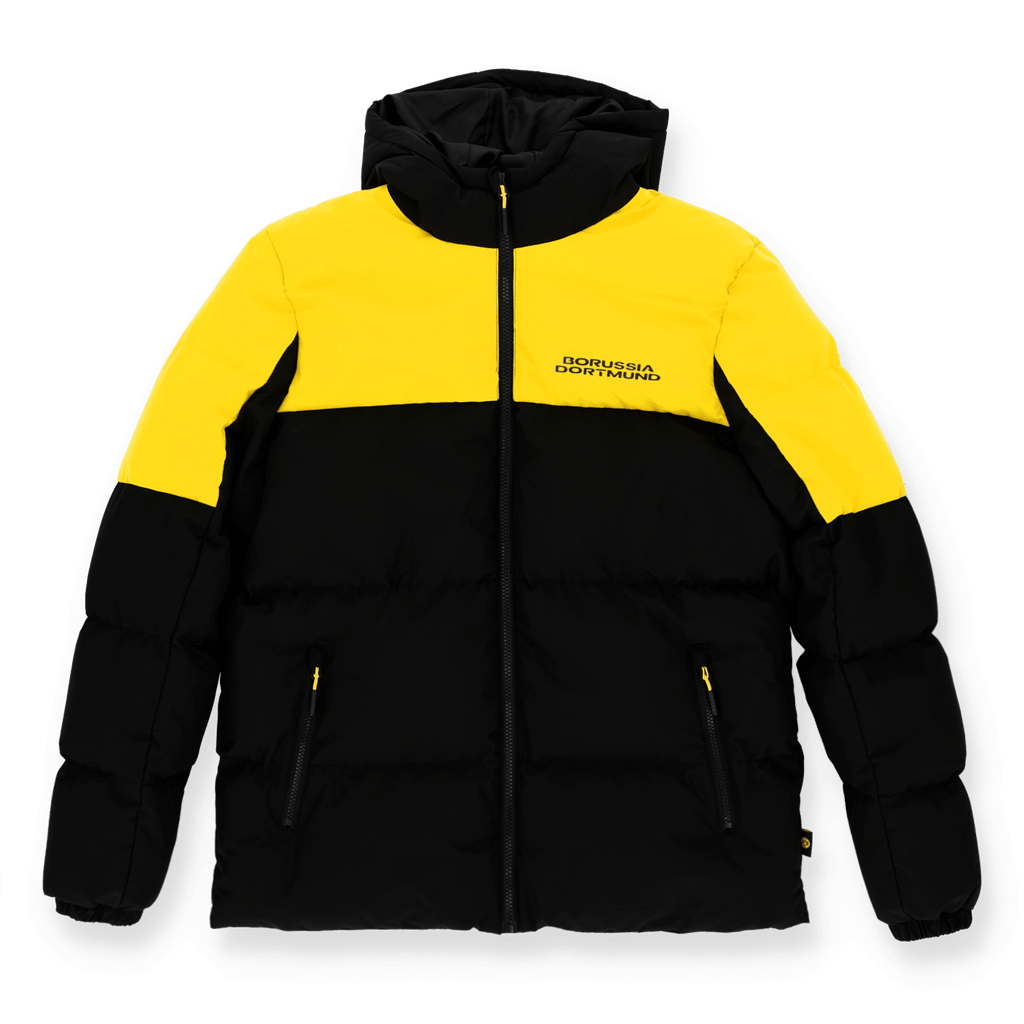 Giacca invernale nero-gialla del Borussia Dortmund con design trapuntato, cerniera e scritta “Borussia Dortmund” sul petto, vista frontale