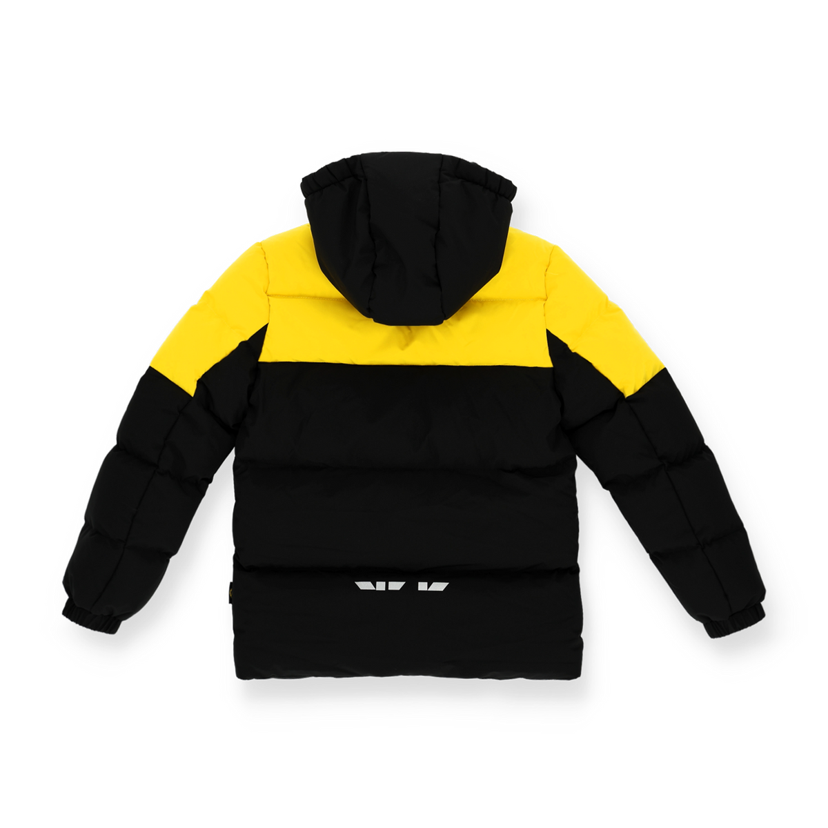 Rückansicht der schwarzgelben BVB-Winterjacke für Kinder mit Kapuze, ideal für kalte Tage.