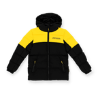 Giacca invernale per bambini nei colori nero e giallo del Borussia Dortmund, con cappuccio, cerniera e logo del BVB sul davanti.