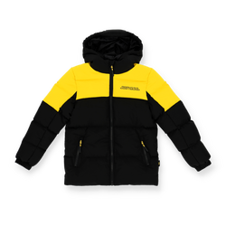 Veste d'hiver pour enfants aux couleurs noir et jaune du Borussia Dortmund, avec capuche, fermeture éclair et logo du BVB sur le devant.